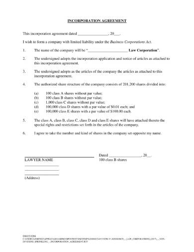 one page incorporation agreement sample