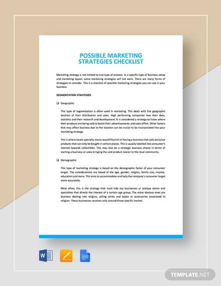 possible marketing strategies checklist template