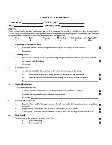 printable tutor evaluation form