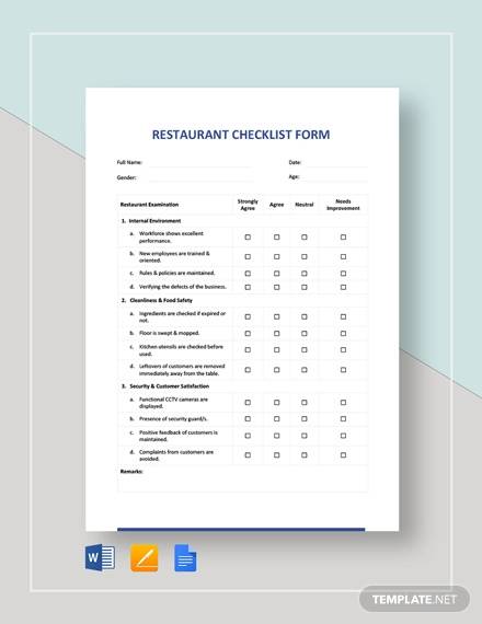 restaurant checklist form template