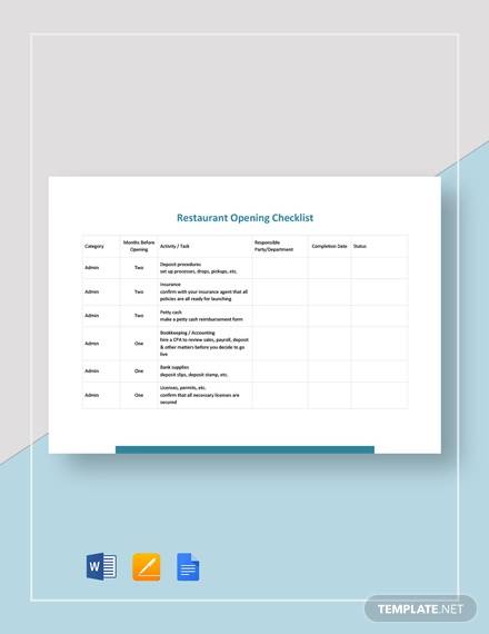 restaurant opening checklist form template