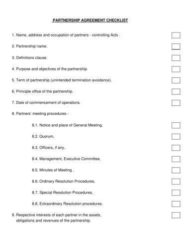 sample partnership agreement checklist