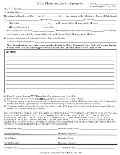 small claims settlement agreement template