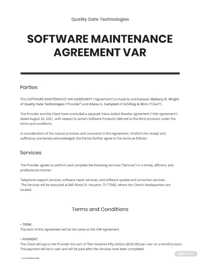 software maintenance agreement var template