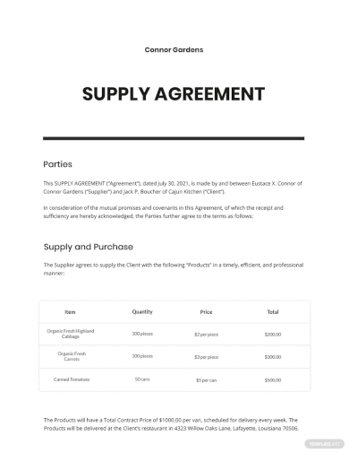 supply agreement template