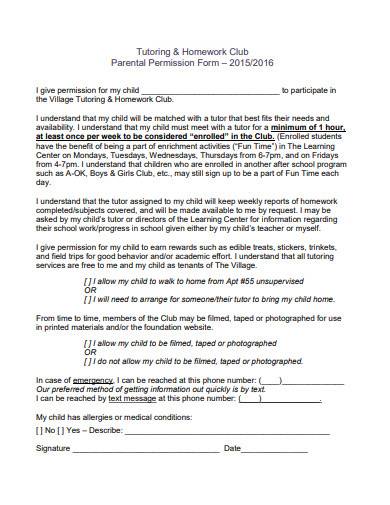 tutoring parental permission form 