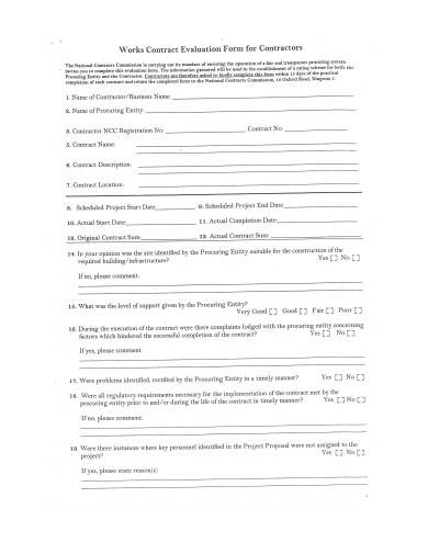 works contractor evaluation form sample