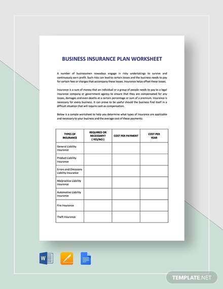 worksheet business insurance planning template