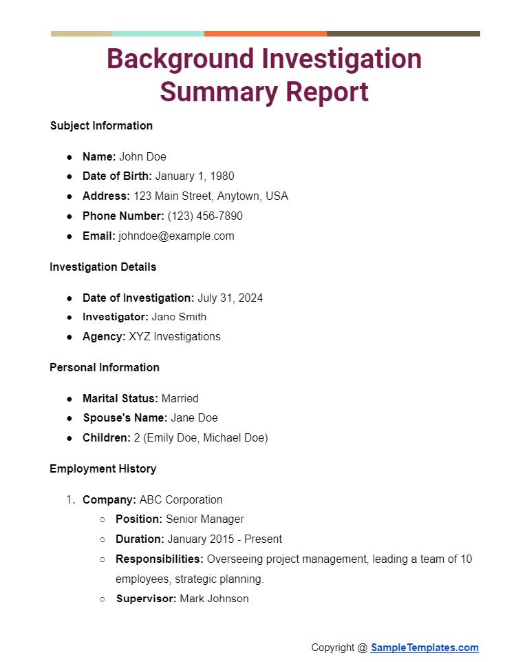 background investigation summary report