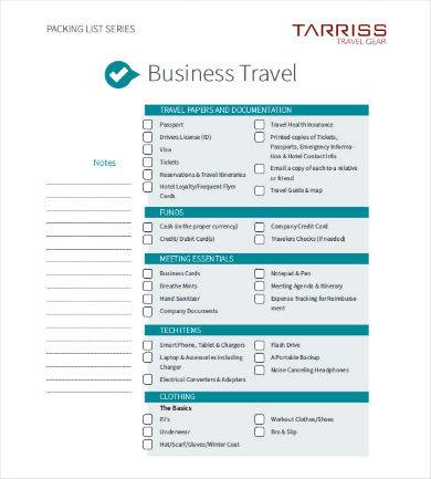 blue business travel checklist sample