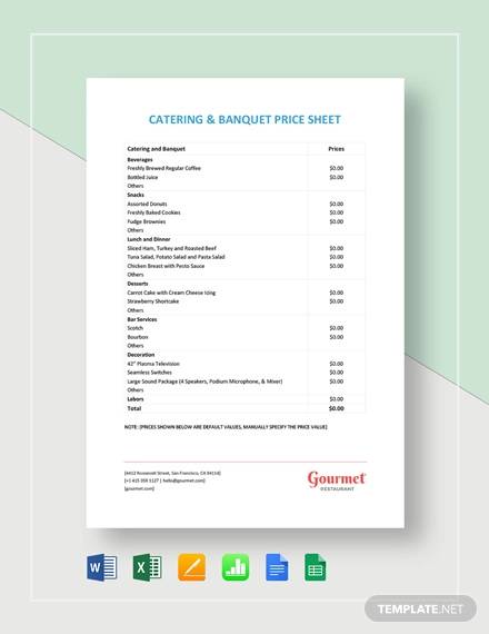 catering banquet price sheet template
