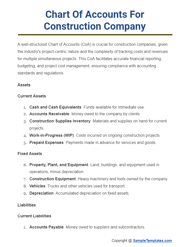 chart of accounts for construction company