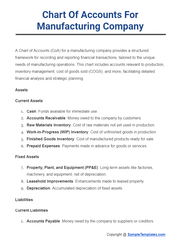 chart of accounts for manufacturing company