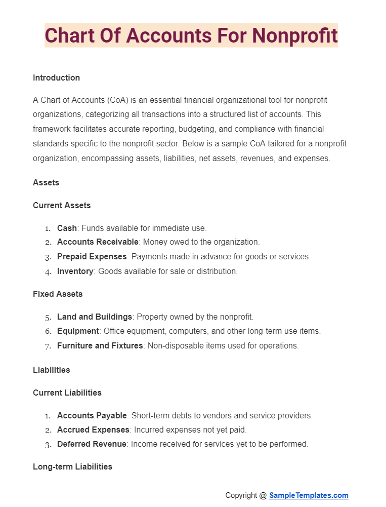 chart of accounts for nonprofit