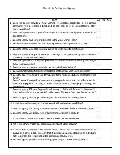 checklist for criminal investigations