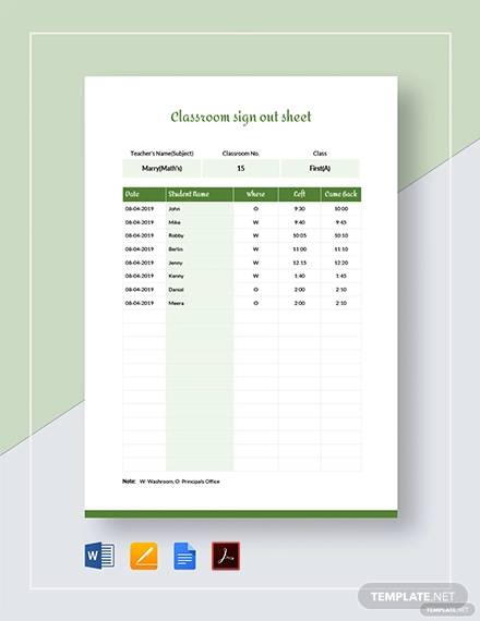 classroom sign out sheet template