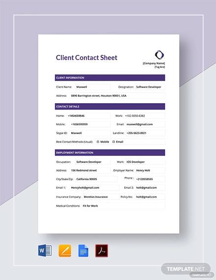 FREE 10  Contact Sheet Templates in Google Docs Google Sheets Excel