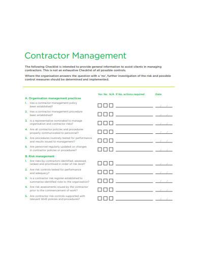contractor management checklist sample