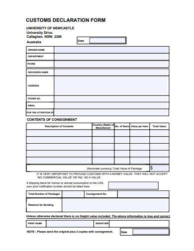 customs declaration form sample