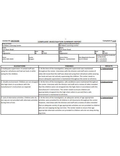 formal investigation summary report template