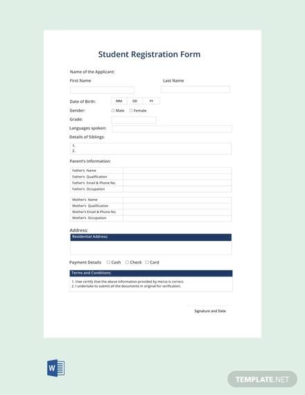 free student registration form template