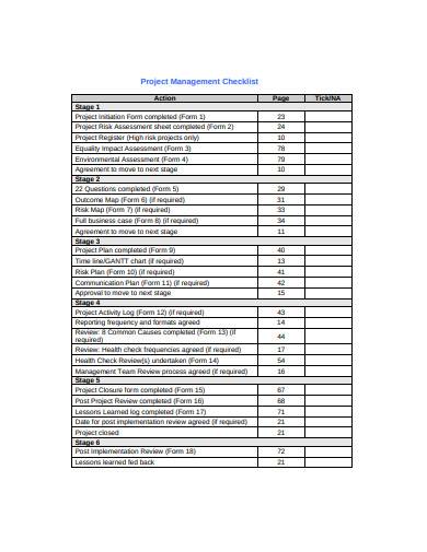 general project management checklist sample