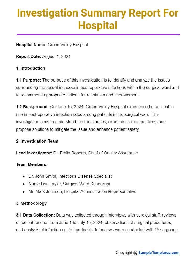 investigation summary report for hospital