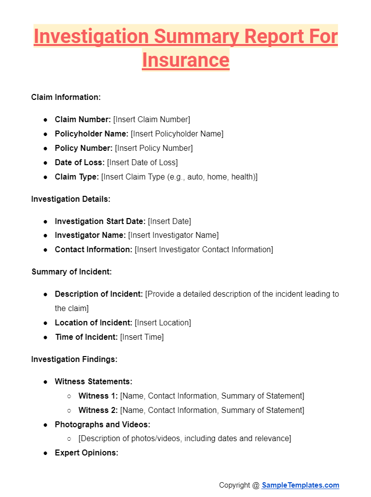 investigation summary report for insurance