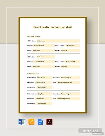 parent contact information sheet template