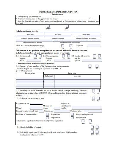 passenger customs declaration form sample