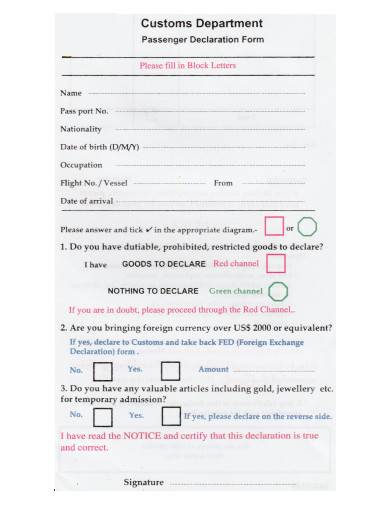 passengers customs declaration form in pdf