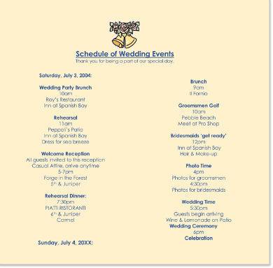 pleasant wedding itinerary handout sample