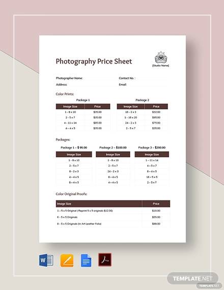 price sheet template for photography template