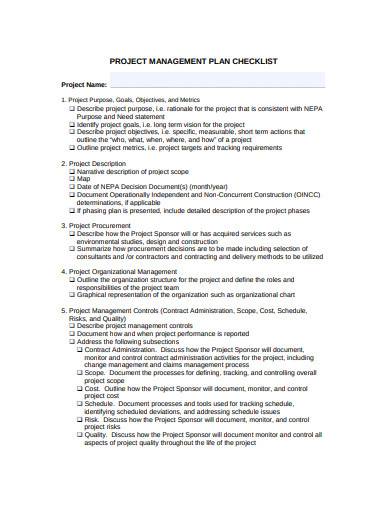 project management checklist sample