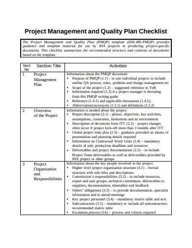 project management and quality plan checklist