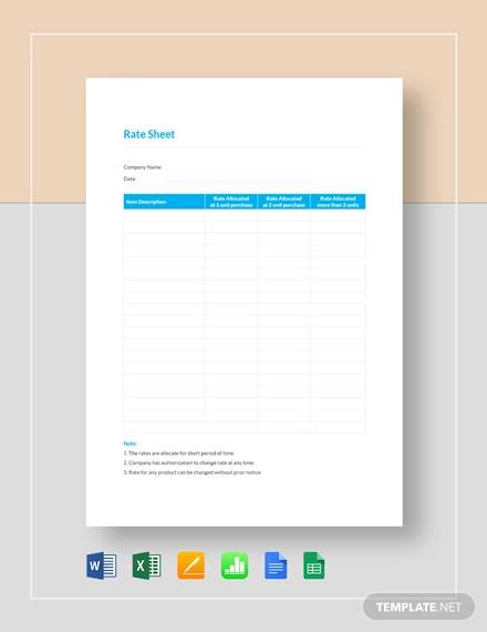 FREE 6  Sample Rate Sheet Templates in PDF