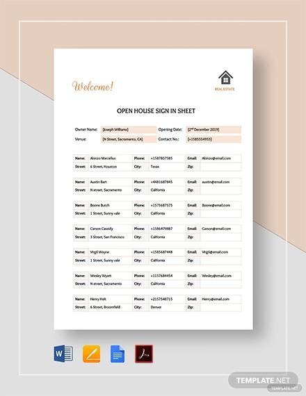 real estate open house sign in sheet template