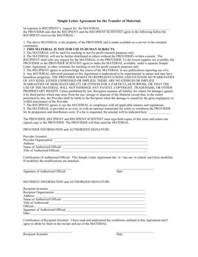 sample agreement letter for the transfer of materials