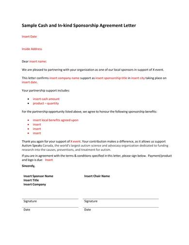 sample cash and in kind sponsorship agreement letter