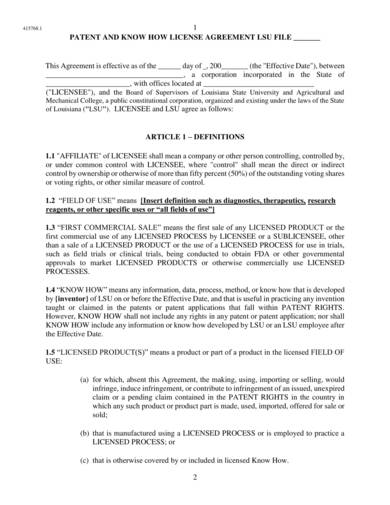 sample patent and know how license agreement