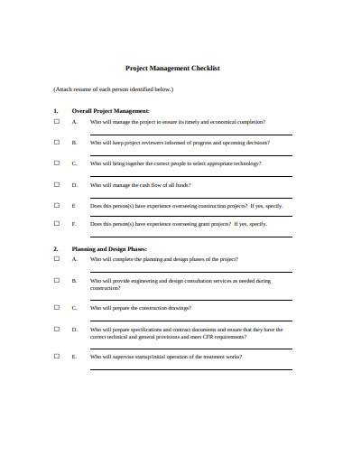sample project management checklist template