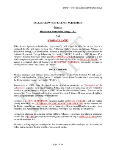 sample of an exclusive patent license agreement
