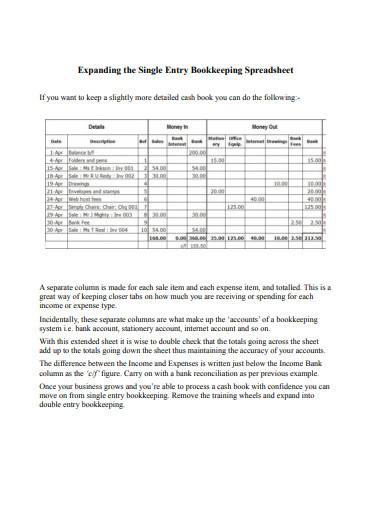 single entry bookkeeping spreadsheet