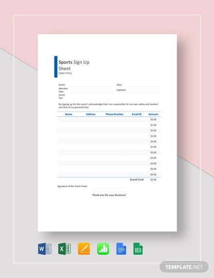 sports sign up sheet template