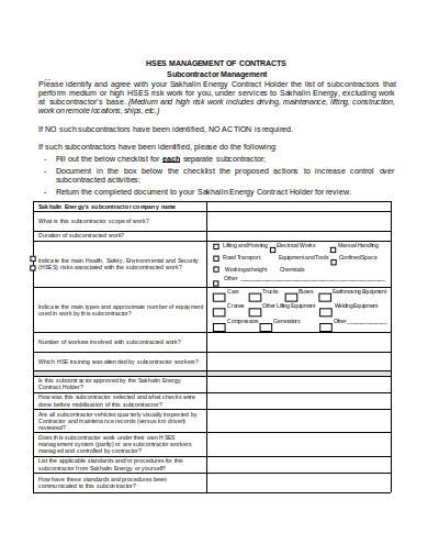 sub contractor management checklist sample