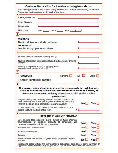 travels customs declaration form template