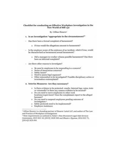 workplace investigation checklist example