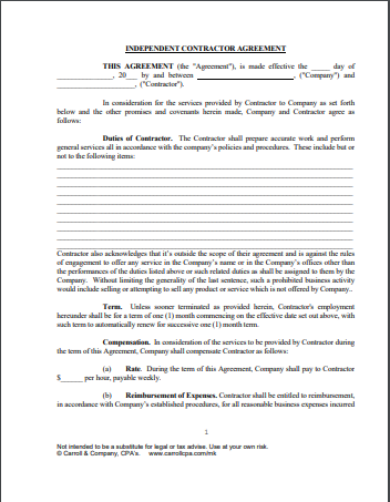 blank independent contractor agreement template
