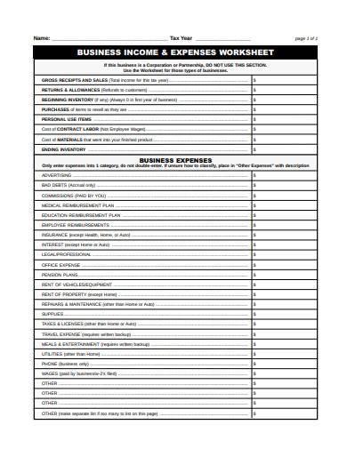 business income and expenses worksheet template
