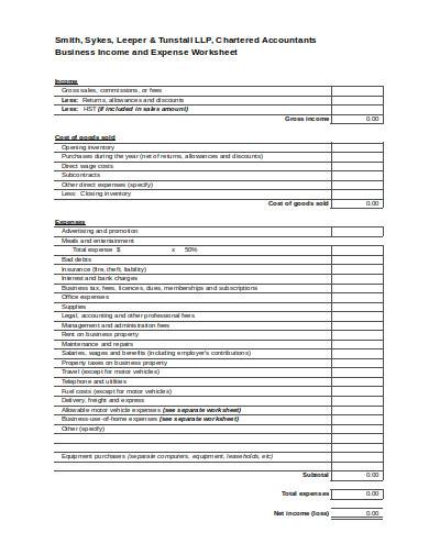 business income and expenses worksheet in excel